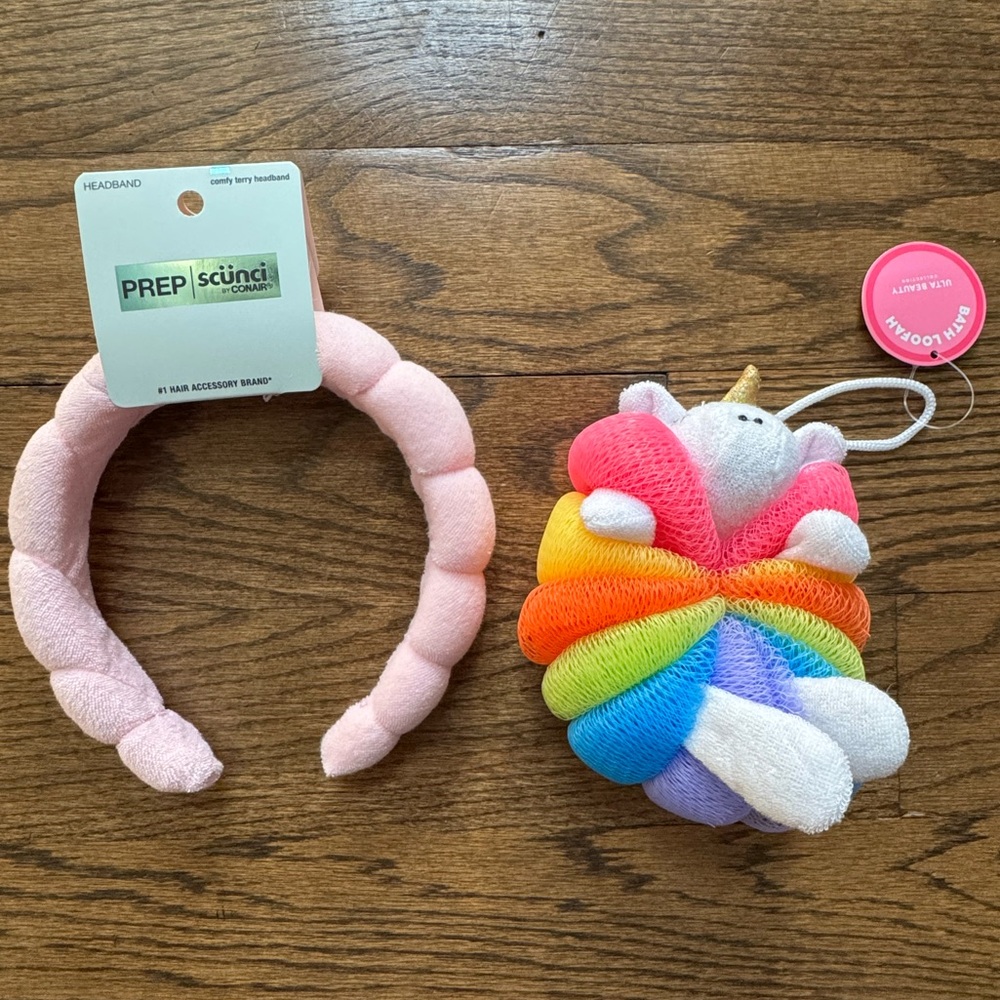 NWT Scünci Soft Pink Rounded Terry Headband + Ulta Unicorn Loofah Set